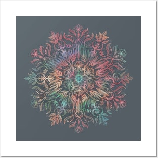 Winter Sunset Mandala in Charcoal, Mint and Melon Posters and Art